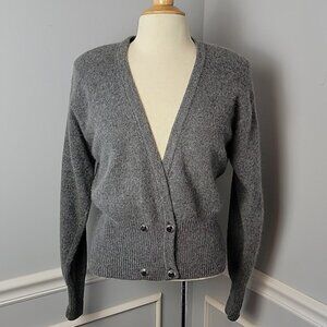 DAVID HOLLIS Gray Angora Lambswool Blend Deep V-Neck 80s VTG Retro Cardigan M